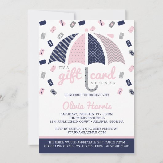 Gift Kaart Bridal Shower Invitation, Navy, Roze (Voorkant)