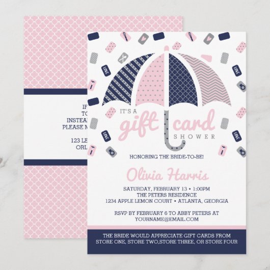 Gift Kaart Bridal Shower Invitation, Navy, Roze (Voorkant / Achterkant)