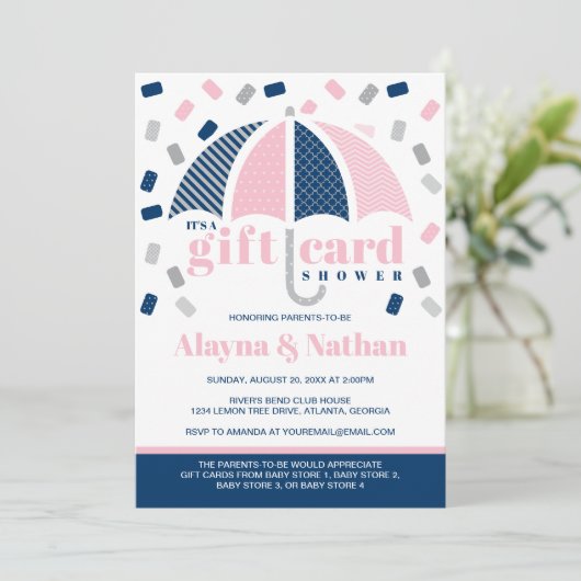 Gift Kaart Douche Uitnodiging in Blauw en Roze (Staand voorkant)