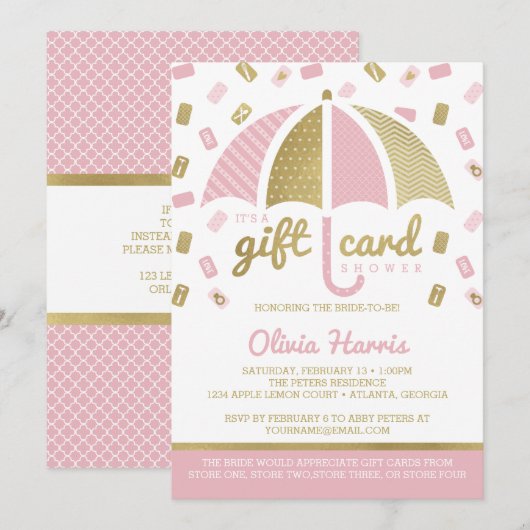 Gift Kaart Vrijgezellenfeest Invite, Roze, Faux Go (Voorkant / Achterkant)