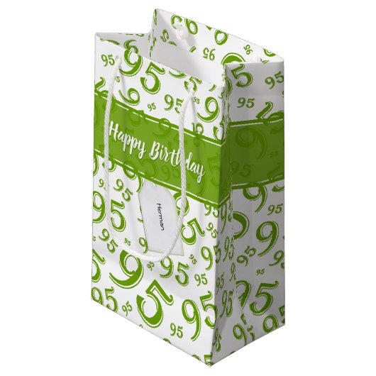 Gift Label Birthday 95 Random Number Pattern Green Klein Cadeauzakje (Voorkant Gekanteld)
