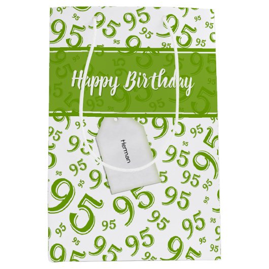 Gift Label Birthday 95 Random Number Pattern Green Medium Cadeauzakje (Voorkant)