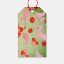 Gift Label JAPANESE PINK BUNNIES ON GREEN