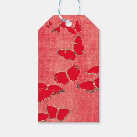 Gift Label JAPANESE RED BUTTERFLIES OP RED Cadeaulabel (Voorkant)