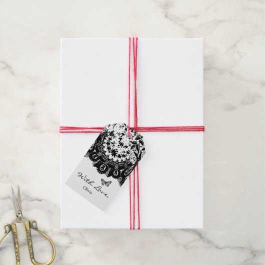 GIFT-LABEL "MET LOVE" ZWARTE LACE EN AANGEPASTE NA CADEAULABEL (Met Touw)