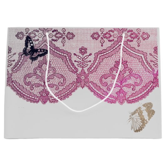GIFT LABEL PINK ANTIEK LACE PATTERN BUTTERFLIES GROOT CADEAUZAKJE (Voorkant)