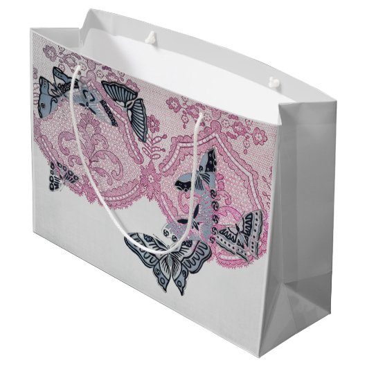 GIFT LABEL PINK ANTIEK LACE PATTERN BUTTERFLIES GROOT CADEAUZAKJE (Achterkant Gekanteld)