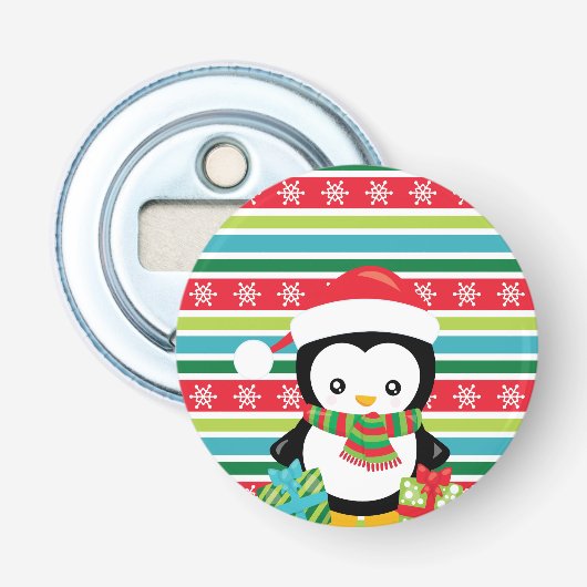 Gift Penguin op gestreepte sneeuwvlokachtergrond Button Flesopener (Voorkant)