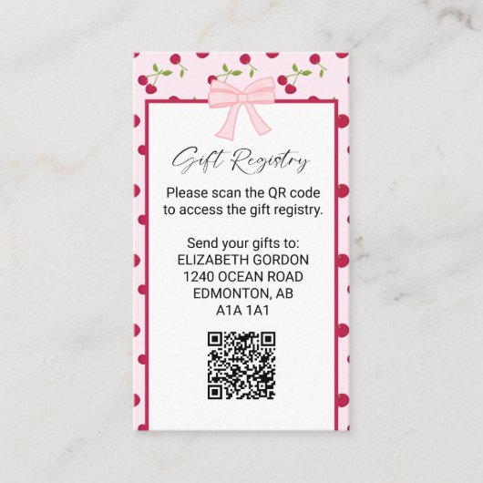 Gift Registry Cherry Baby Shower QR Code Informatiekaartje (Voorkant)