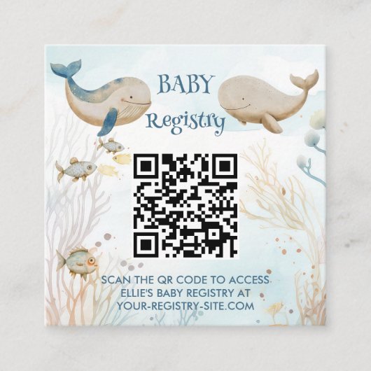 Gift Registry QR Code Blue Beige Whale Baby shower Informatiekaartje (Voorkant)