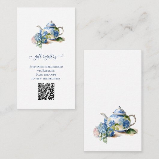 Gift Registry QR Code Blue Hydrangea Baby shower Informatiekaartje (Voorkant / Achterkant)