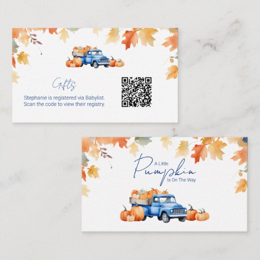 Gift Registry QR Code Blue Truck Little Pumpkin Informatiekaartje (Voorkant / Achterkant)