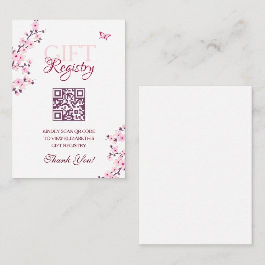 Gift Registry QR Code Cherry Blossom Baby shower Informatiekaartje (Voorkant / Achterkant)