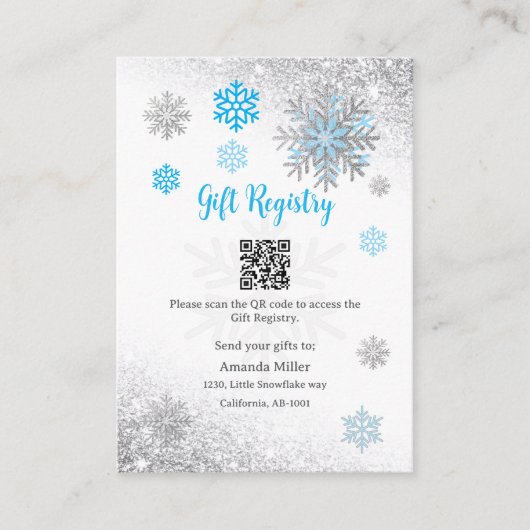 Gift Registry Snowflake Winter Baby Shower QR Code Informatiekaartje (Voorkant)