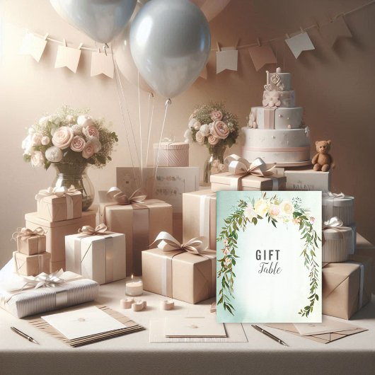 Gift Table Green White Rose Baby Sprinkle Shower Poster