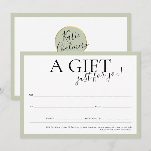 GIFT VOUCHER elegant logo chic business sage green Kaart (Voorkant / Achterkant)