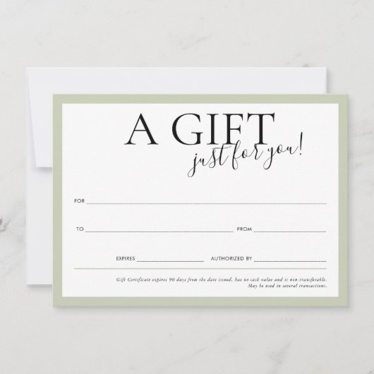 GIFT VOUCHER elegant logo chic business sage green Kaart (Voorkant)