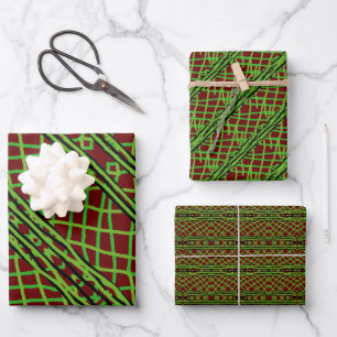 Gift Wrap Green Weave w/ Red Background Inpakpapier Vel