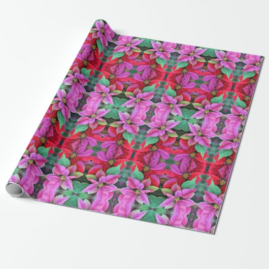 Gift Wrap Roll Pink & Rode Poinsettias Cadeaupapier (Uitgerold)
