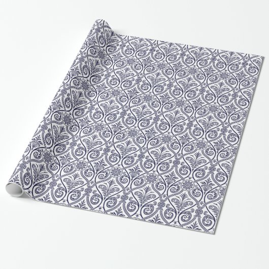 Gift Wrap van Navy Blue & White Damask Cadeaupapier (Uitgerold)