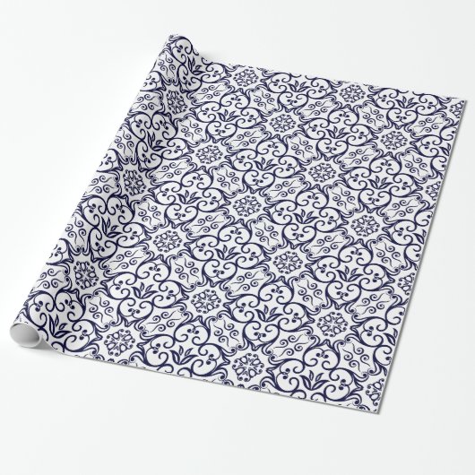 Gift Wrap van Navy Blue & White Damask Cadeaupapier (Uitgerold)