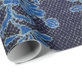 GIFT WRAPPING ZWARTE ANTIEK LACE PATROON MET BLAUW CADEAUPAPIER (Rol Hoek)