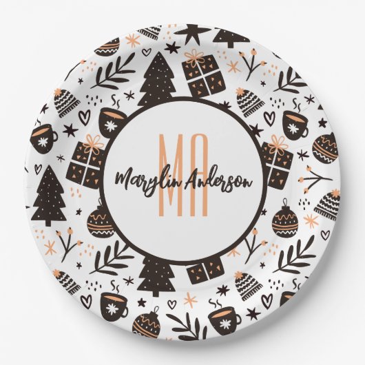 GIFTS CHRISTMAS TREES & ORNAMENS PATTERN MONOGRAM PAPIEREN BORDJE (Voorkant)