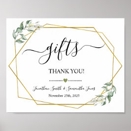 Gifts sign douche bruiloft receptie groen goud poster