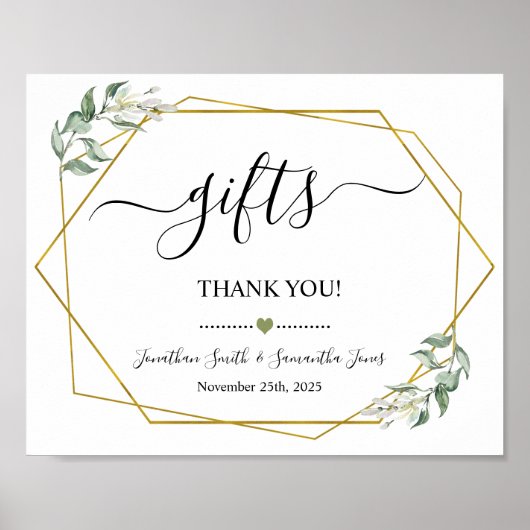 Gifts sign douche bruiloft receptie groen goud poster (Voorkant)