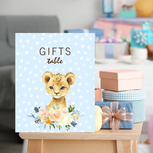Gifts Table Baby shower Lion Cub Floral Blue Poster