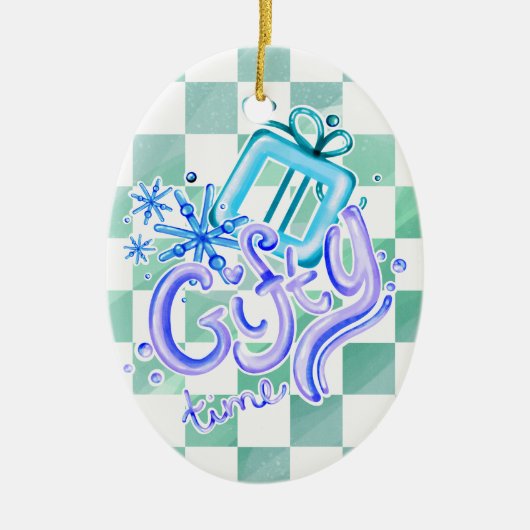 Gifty Time Blue Purple Checkerboard Oval Keramisch Ornament (Voorkant)