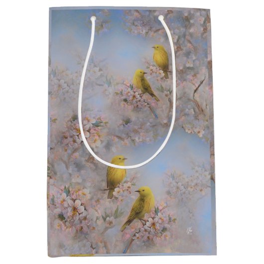 Giftzak met gele vogels - medium cadeauzakje (Voorkant)