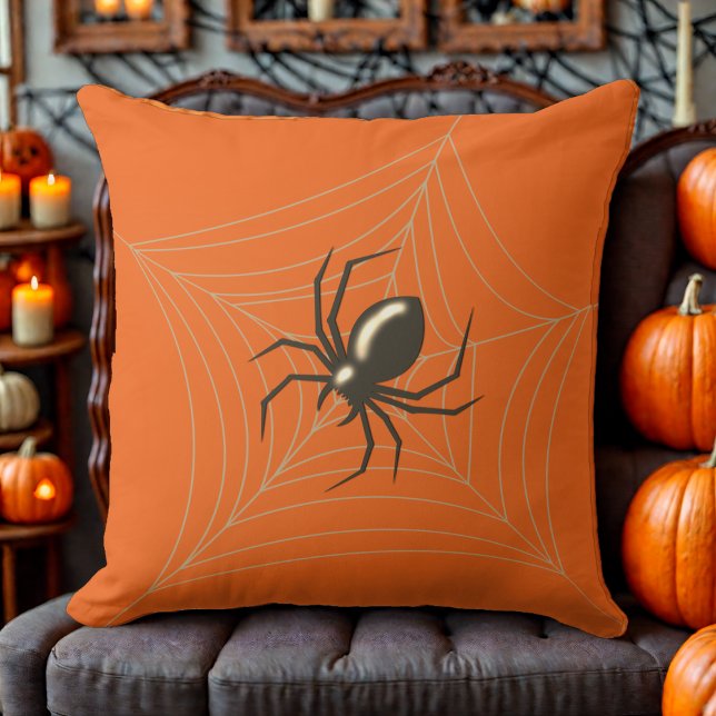 Gigantische Halloween Spider in zijn Web oranje ta Kussen (Creator heeft geüpload)