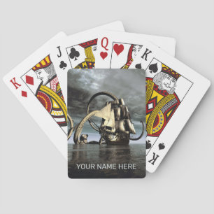 Gigantische octopus die een piratenschip neerhaalt pokerkaarten