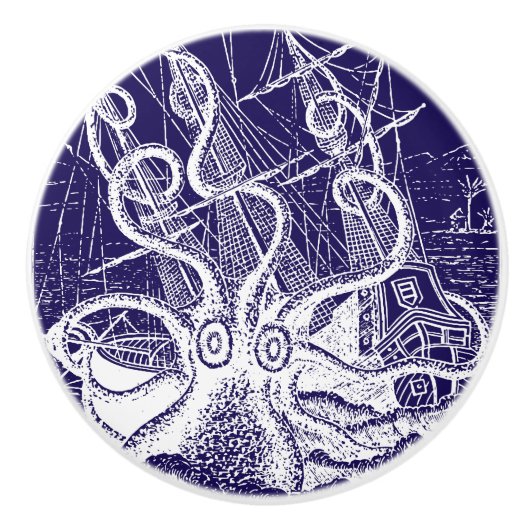 Gigantische Octopus Kraken Attack marine blauw Keramische Knop (Voorkant)