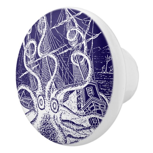 Gigantische Octopus Kraken Attack marine blauw Keramische Knop (Rechts)