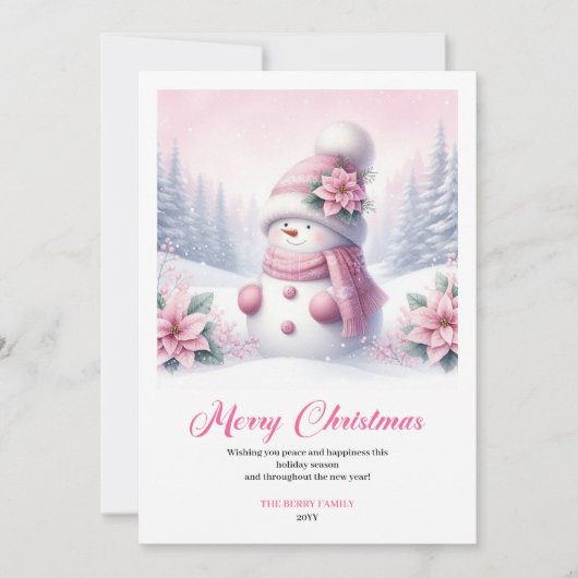 Giggly pink snowman kids greeting card digital  feestdagenkaart (Voorkant)