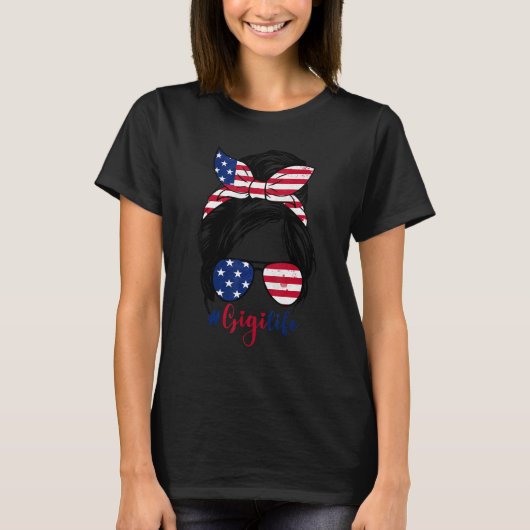 Gigi Life Messy Bun American US Flag Patriotic 4th T-shirt (Voorkant)