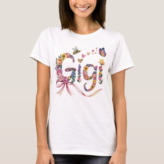 Gigi Oma T-shirt – Bloemige naam tee met strik – (Voorkant)
