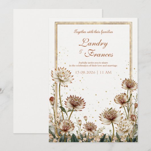 Gilded Astrantia Botanical Cream Wedding Kaart (Voorkant / Achterkant)
