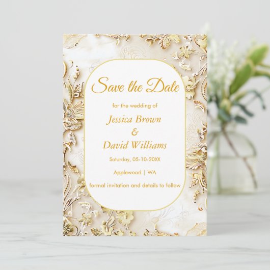 Gilded Bloom Classic Wedding Save the Date Kaart (Staand voorkant)