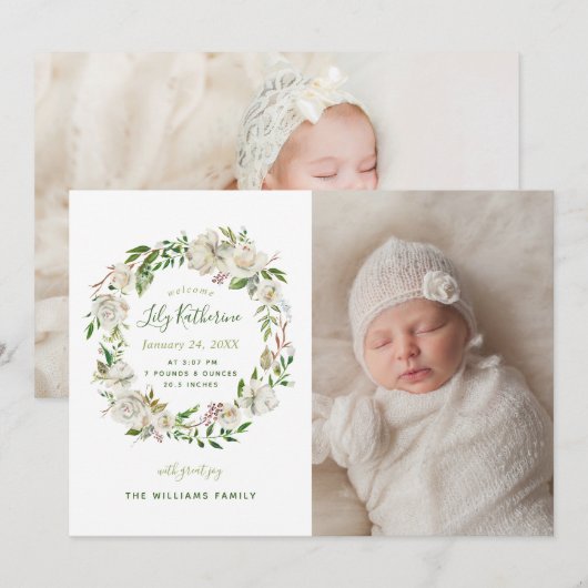 Gilded Blooms Bloemen Bloemen Baby Foto Geboorteaa Aankondiging (Voorkant / Achterkant)