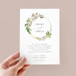 Gilded Blooms Floral Wreath Wedding Invitation Kaart<br><div class="desc">Betaalbare, op maat geprinte huwelijksuitnodigingen met een elegant geverfd bloemig lijst in groen en wit met faux gouden folieaccenten. Pas het ontwerp met uw trouwdetails aan of gebruik de ontwerphulpmiddelen om de tekst aan te passen, om het even welke achtergrondkleur te kiezen en de doopvonten en de kleuren uit te...</div>