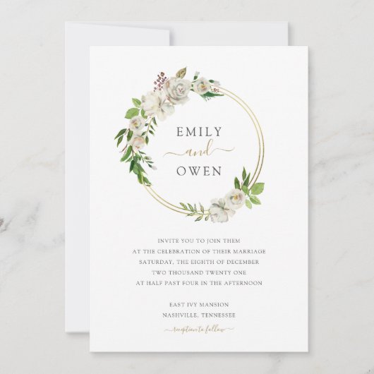 Gilded Blooms Floral Wreath Wedding Invitation Kaart (Voorkant)
