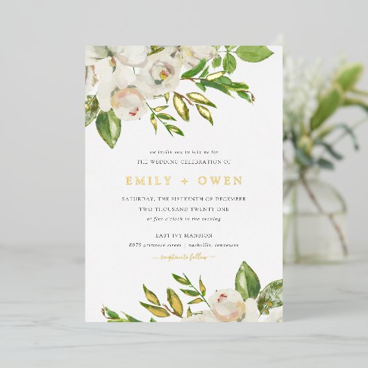 Gilded Blooms Wedding Folie Uitnodiging (Staand Voorkant)