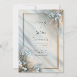 Gilded Blue Floral Cream Fluid Marble Wedding Kaart
