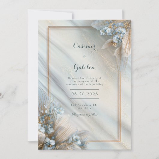 Gilded Blue Floral Cream Fluid Marble Wedding Kaart (Voorkant)
