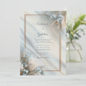 Gilded Blue Floral Cream Fluid Marble Wedding Kaart (Staand voorkant)