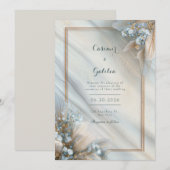 Gilded Blue Floral Cream Fluid Marble Wedding Kaart (Voorkant / Achterkant)