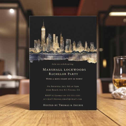 Gilded Cityscape Night Bachelor Party Invitation Kaart